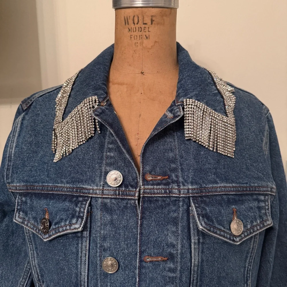 Sandro Noemie Rhinestone Fringe Denim Trucker Jacket - Picture 3 of 9